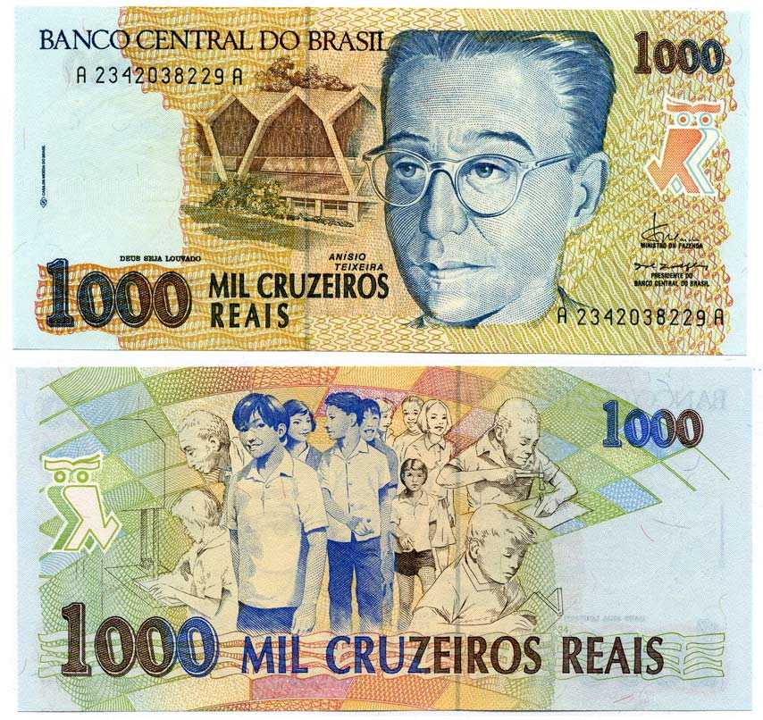 БРАЗИЛИЯ 1000 КРУЗЕЙРО РЕЙС 1993 АНИСИО ТЕЙКСЕЙРА, ПОДПИСЬ 33, СЕРИЯ АА2342, CdM-B Pick 240 бумага UNC (ПРЕСС) 000-00-00