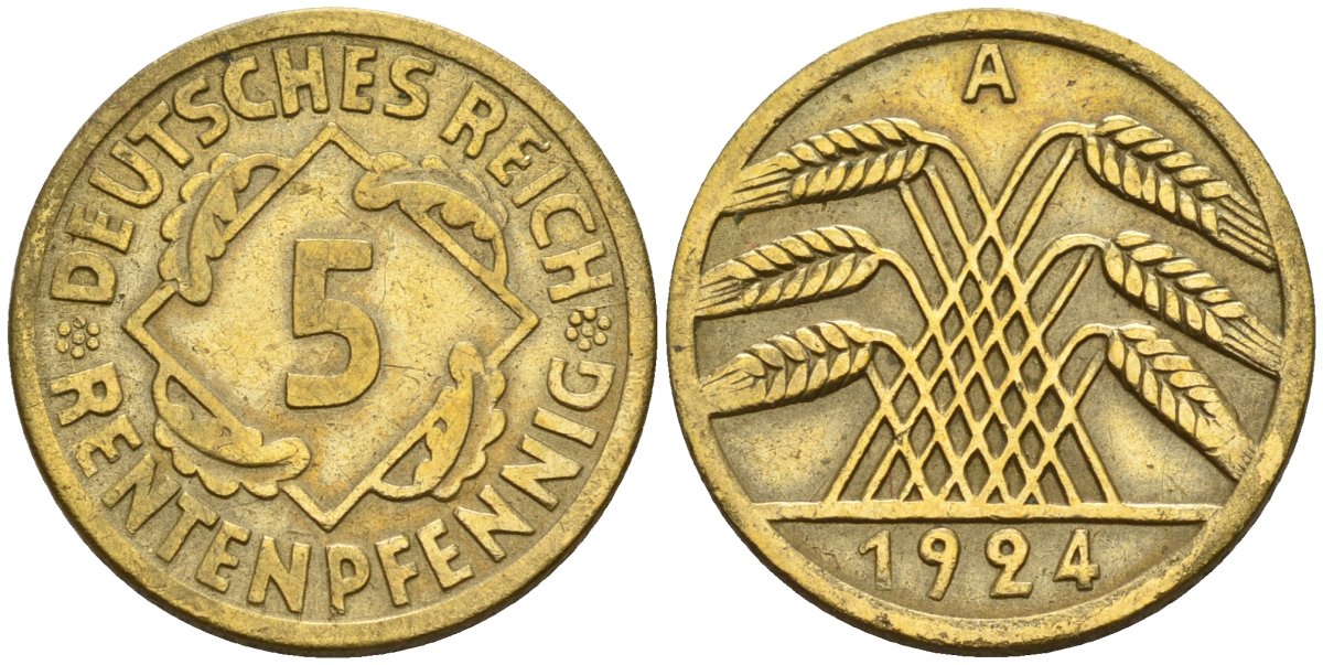Германия 5 рентенпфеннигов 1924 A KM 32, J. 308 алюминиевая бронза 4151-648