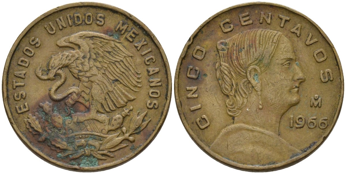 Мексика 5 сентаво 1966 Mo, Жозефа Ортис де Домингес KM 426 латунь 4142-447