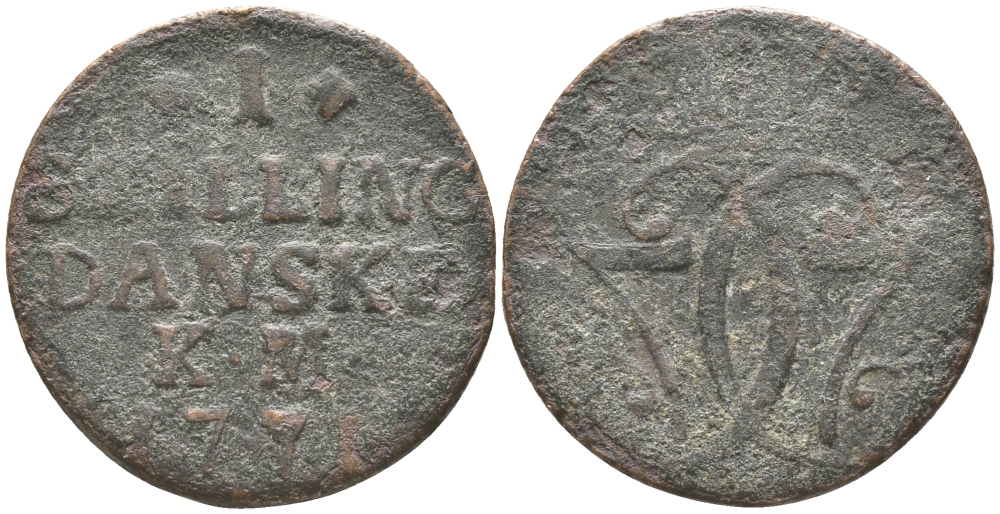 ДАНИЯ 1 СКИЛЛИНГ 1771 КМ, КРИСТИАН VII (1766-1808) KM 616 (С47) медь 83-233