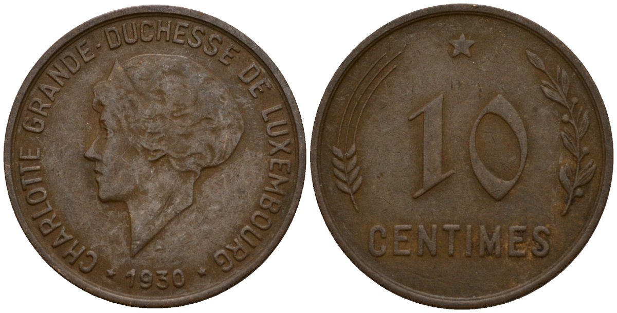 Люксембург 10 сантимов 1930 Шарлотта (1918-1964) KM 41 бронза 4577-533