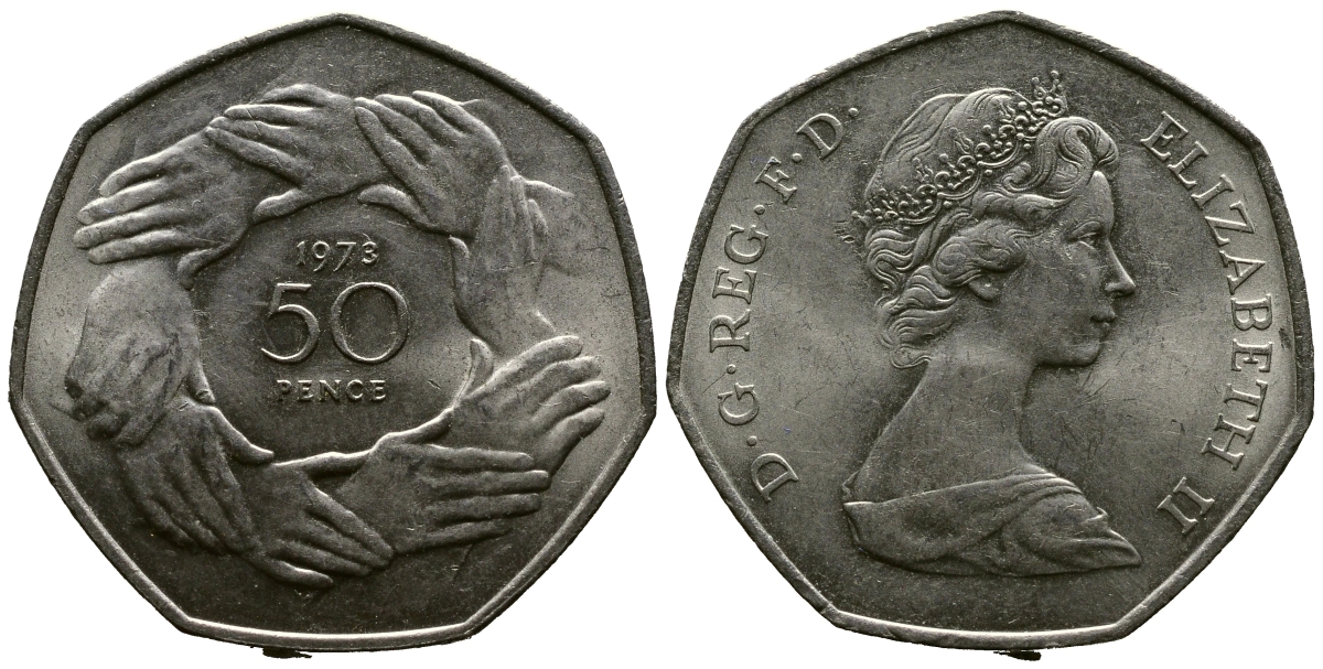 Великобритания 50 пенсов 1973 Елизавета II (1952-2022), вступление в Европейское экономическое сообщество KM 918, Spink 4224 медно-никель 3334-131