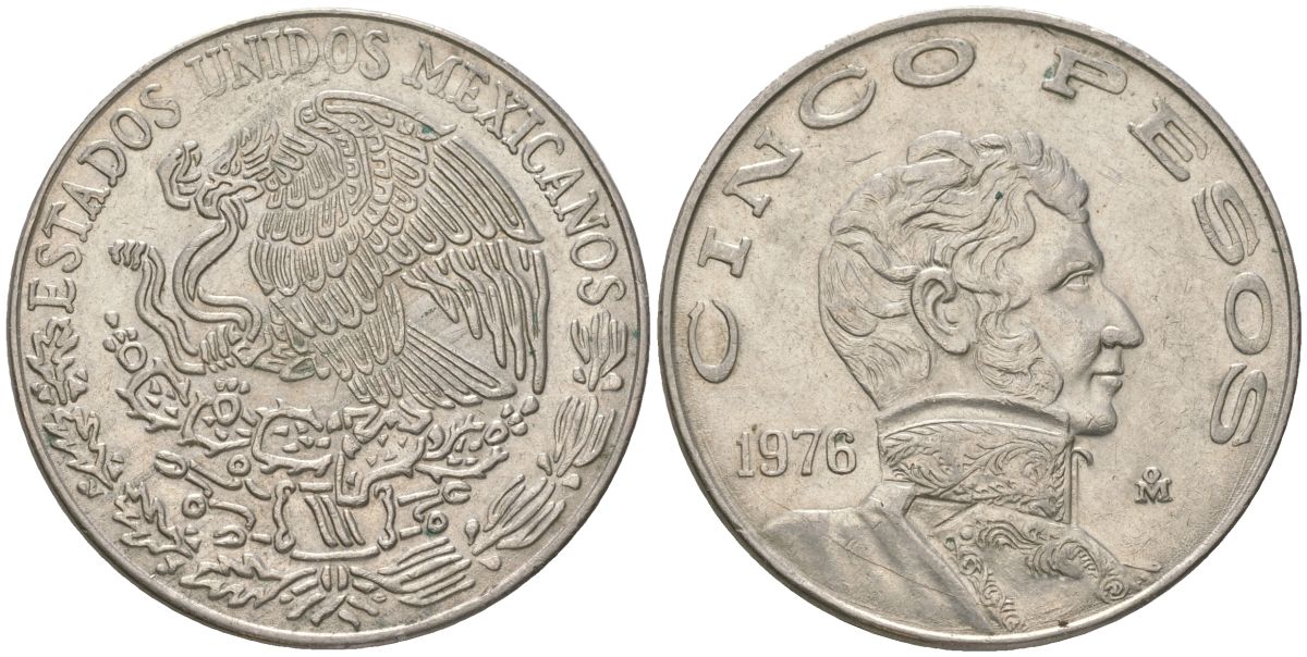 Мексика 5 песо 1976 Mo, Винсенте Герреро KM 472 медно-никель 4403-116
