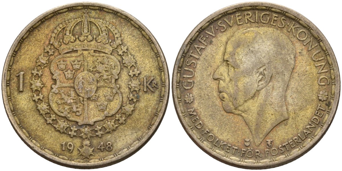 Швеция 1 крона 1948 TS, Густав V (1907-1950) KM 814 серебро 4148-1051