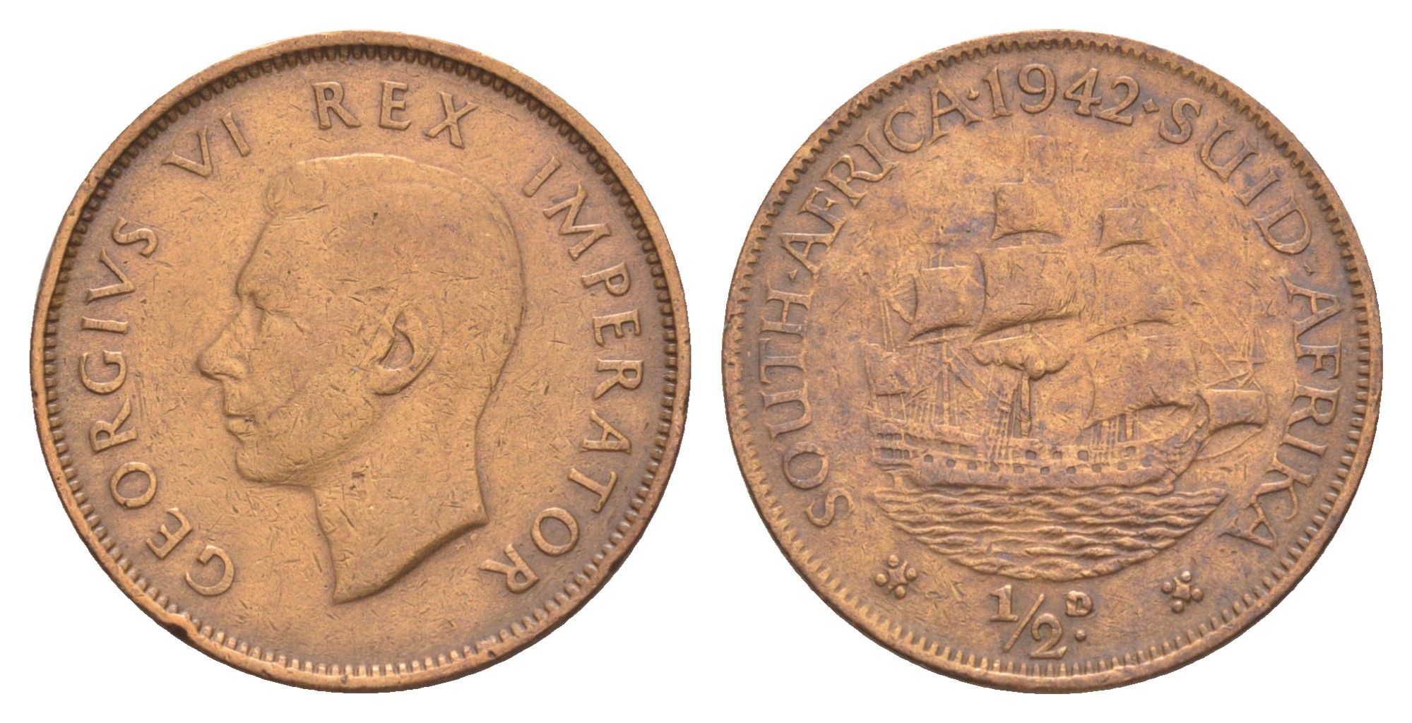 ЮАР 1/2 пенни 1942 Георг VI (1936-1952) KM 24 бронза 4603-245