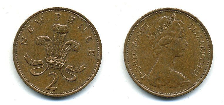 Великобритания 2 пенса 1971 Елизавета II (1952-2022) КМ 916, Spink 4235 (C1) бронза 4110-541