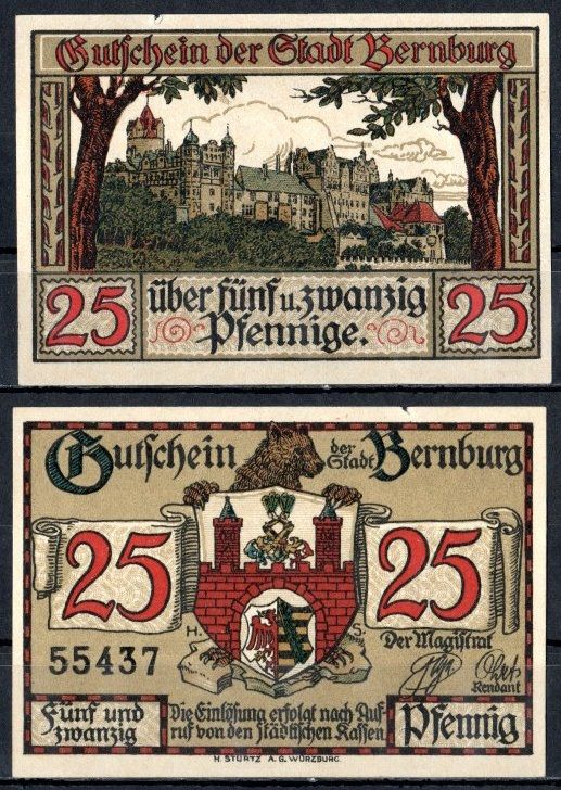 Бернбург (Анхальт) 25 пфеннигов 1921 Mehl Grabowski 95.2a-1/2 бумага UNC (пресс) 7556-47-4-1