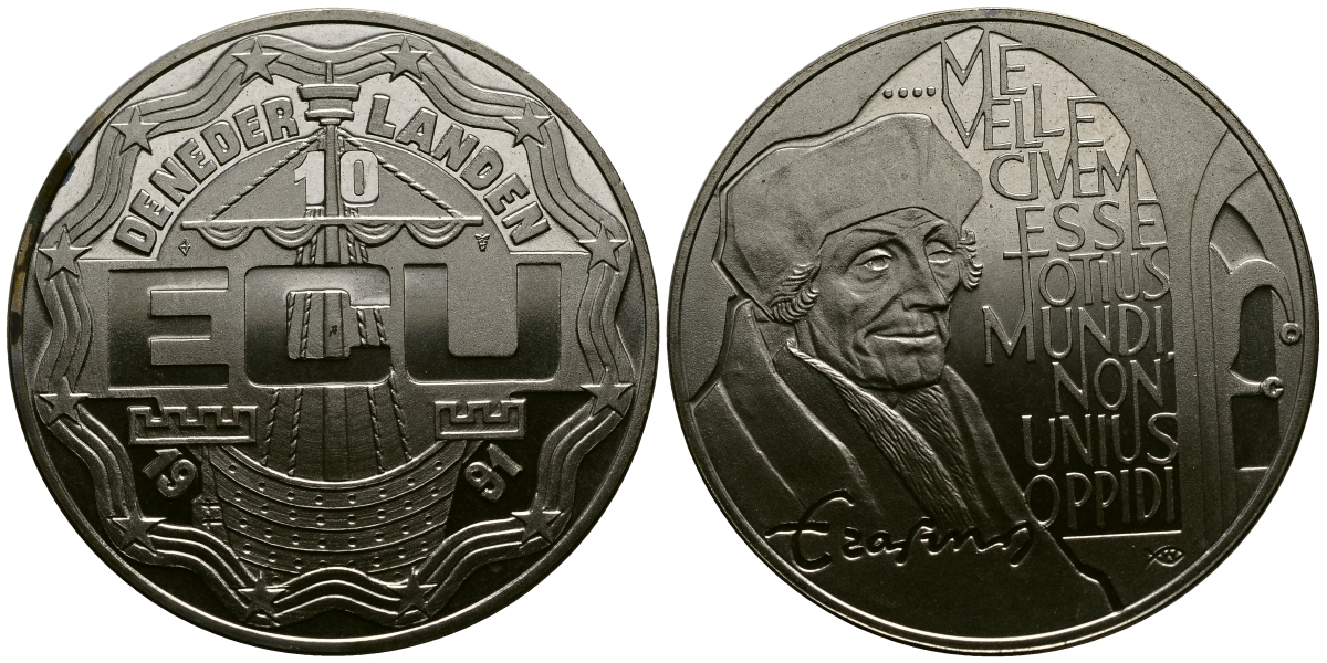 Нидерланды 10 экю 1991 Эразм Роттердамский медно-никель UNC 1077-4-61