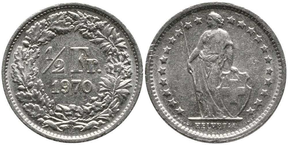 Швейцария 1/2 франка 1970 KM 23а.1 медно-никель 4532-429