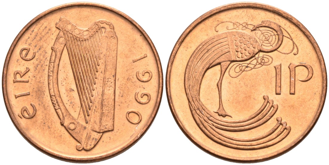 Ирландия 1 пенни 1990 птичка KM 20а сталь плакированная медью UNC 92-157