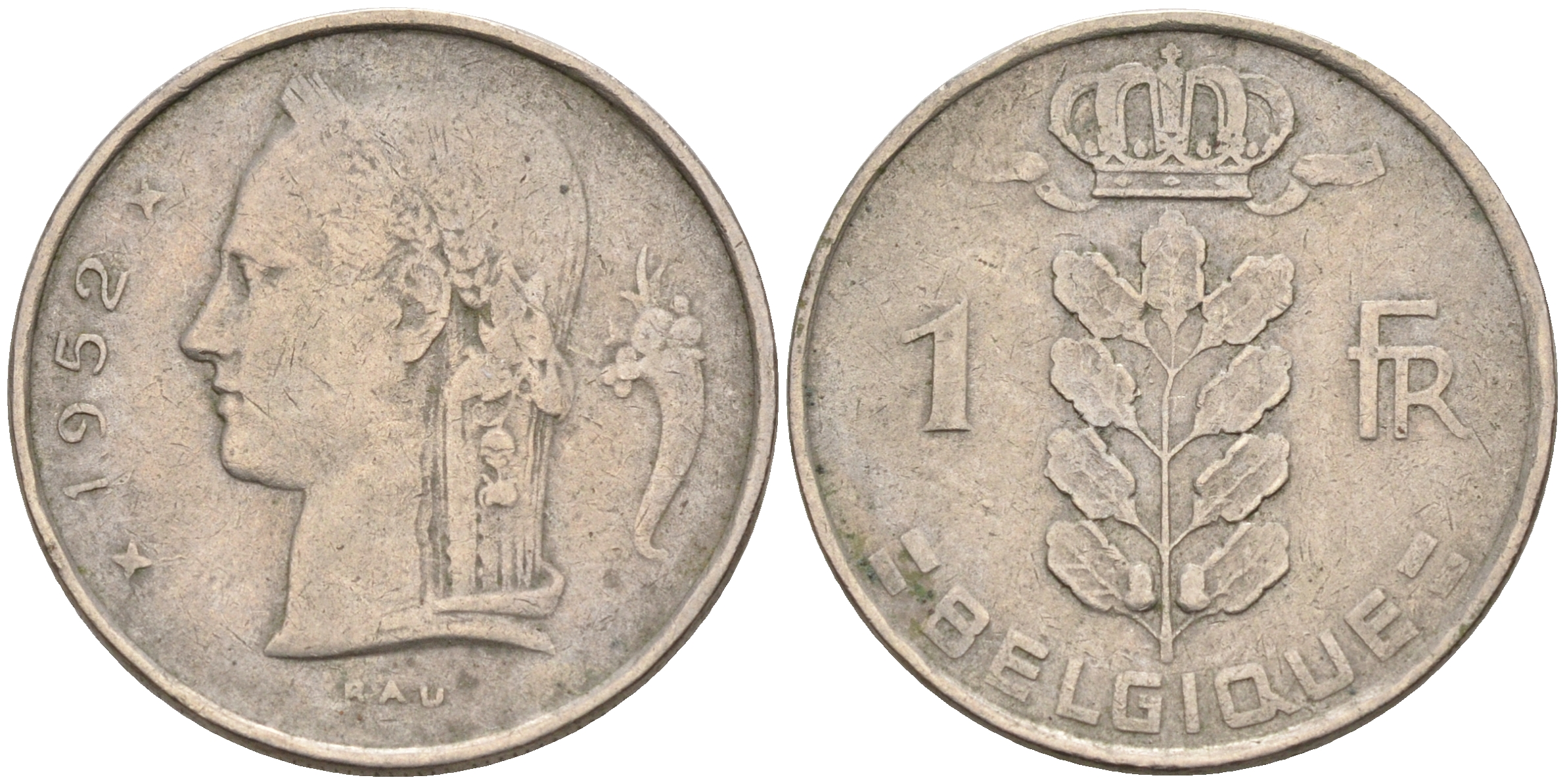 БЕЛЬГИЯ 1 ФРАНК 1952 BELGIQUE KM 142.1 медно-никель 4563-1213
