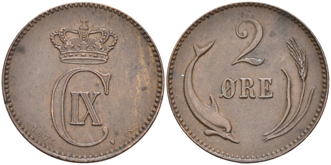Дания 2 эре 1875 VBP, Кристиан IX (1863-1906) KM 793.1 бронза 190-947