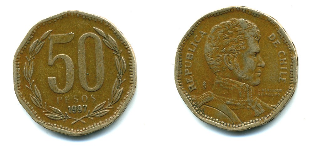 Чили 50 песо 1997 Бернардо О’Хиггинс KM 219.2 алюминиевая бронза 36-834