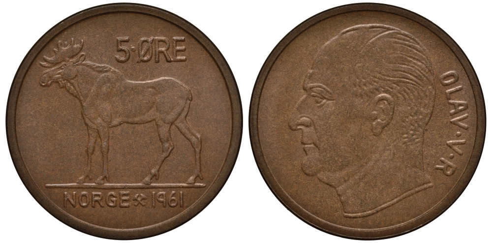 НОРВЕГИЯ 5 ЭРЕ 1961 ЛОСЬ, УЛАФ V (1957-1991) KM 405 бронза 32-1026