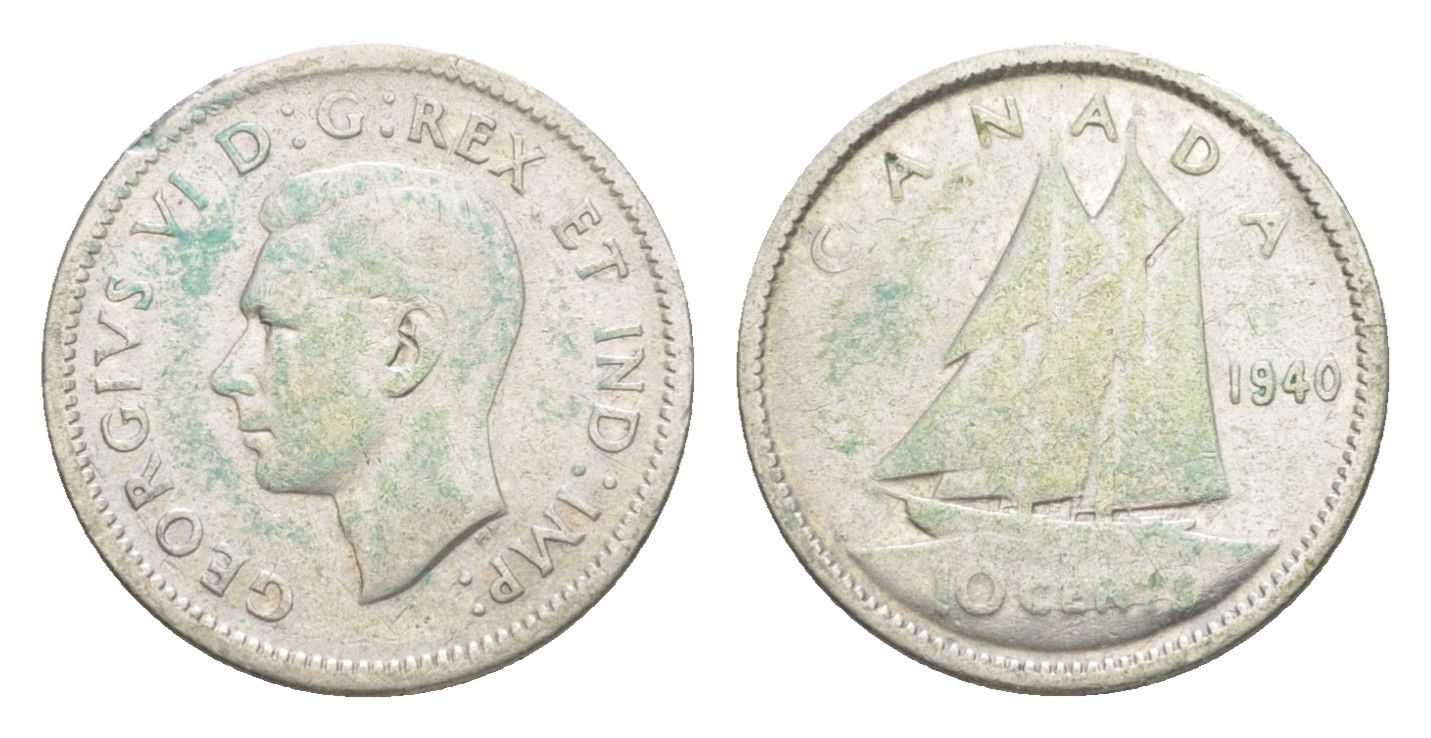Канада 10 центов 1940 Георг VI (1936-1952), парусник KM 34 серебро 4639-541