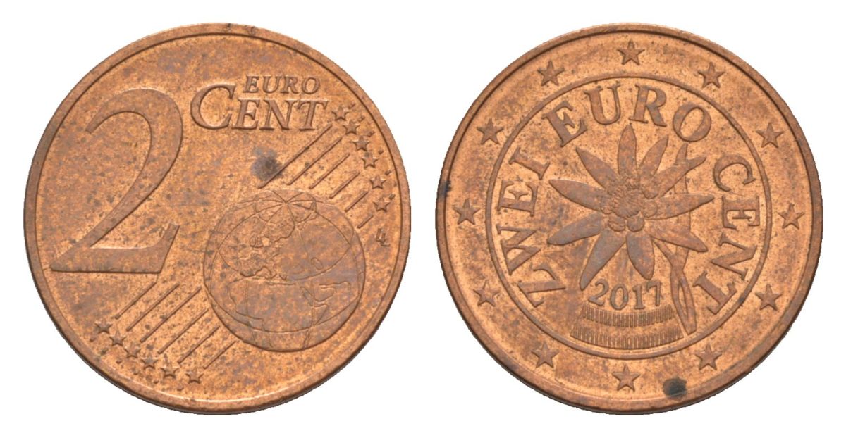 Австрия 2 евроцента 2017 KM 3083 сталь плакированная медью aUNC 4630-451