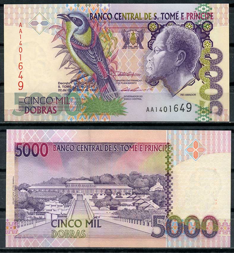 Сан-Томе и Принсипи 5000 добра 1996 Король Рей Амадор, ферма, одна защитная нить Pick 65 a бумага UNC (пресс) 448-155-1
