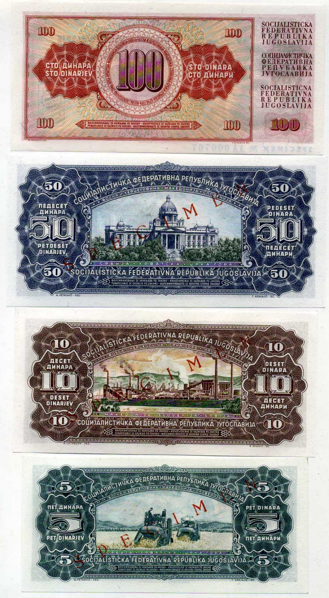 Югославия набор из 4 банкнот 1965 5, 10, 50 и 100 динаров, Specimen, Образец, красная диагональная надпечатка Pick 77s, 78s, 79s, 80s бумага UNC (пресс) 000-00-00