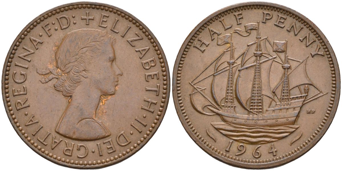 Великобритания 1/2 пенни 1964 Елизавета II (1952-2022) KM 896, Spink 4158 бронза 4126-811
