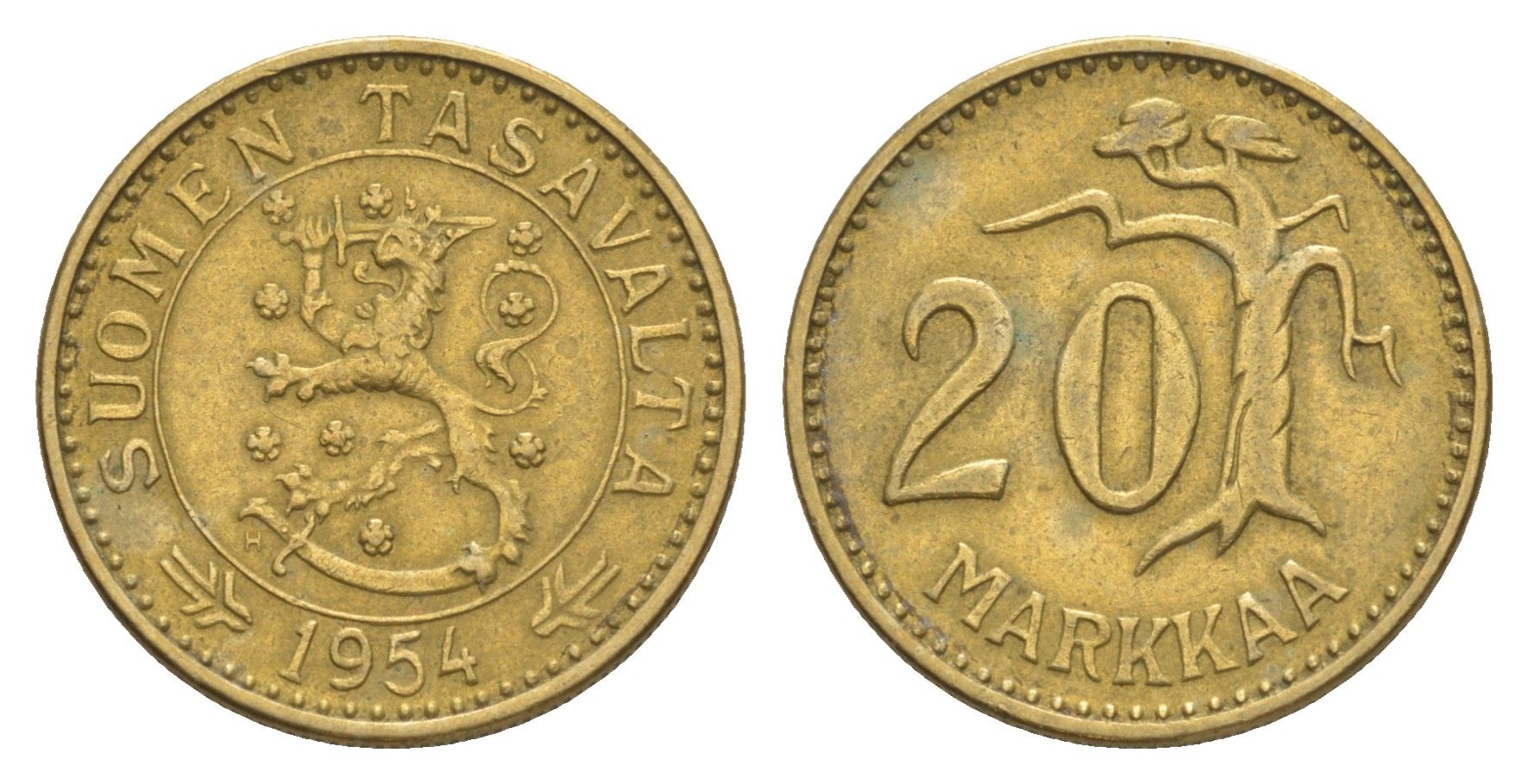 Финляндия 20 марок 1954 KM 39 алюминиевая бронза 4637-436