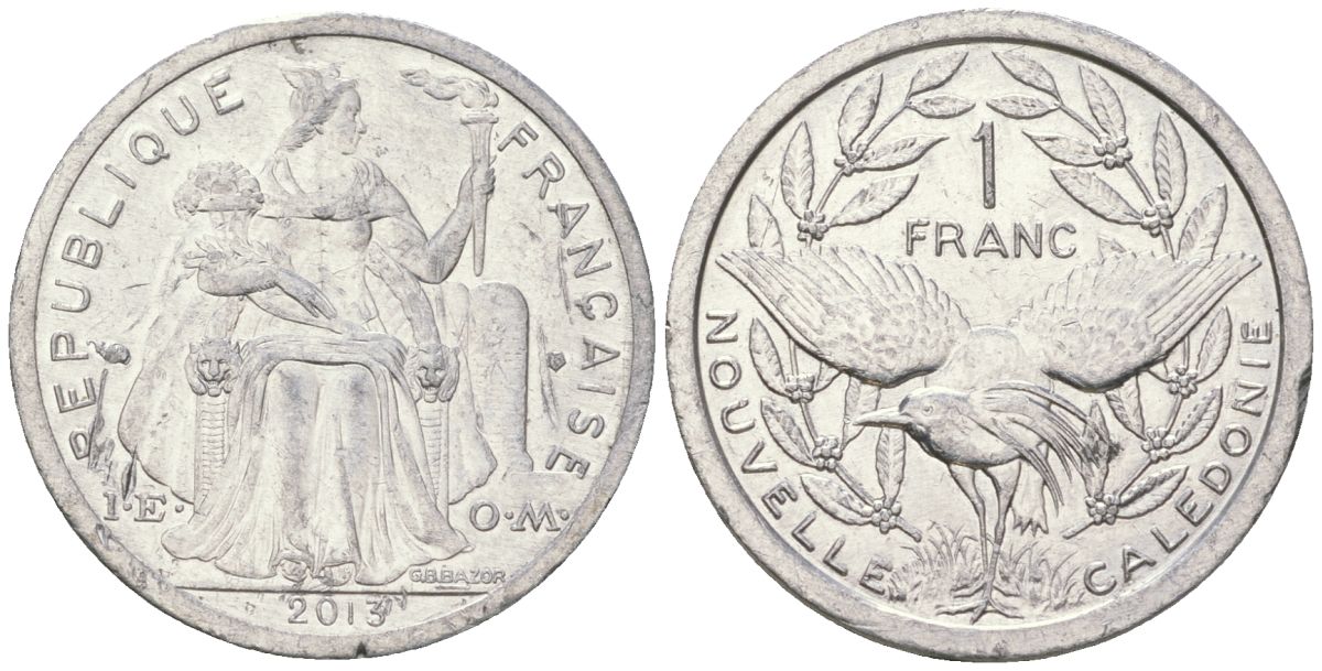 Французская Новая Каледония 1 франк 2013 птица кагу, (IEOM) KM 10, Schoen 10 алюминий 31-931