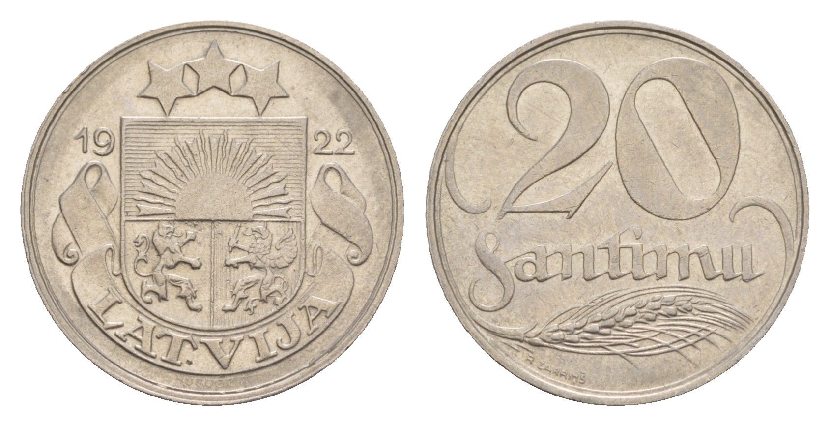 Латвия 20 сантимов 1922 год-тип KM 5 никель    4658-1246