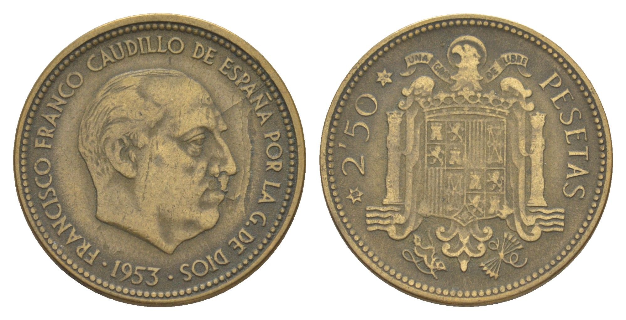 Испания 2 1/2 песеты 1953 (56) Франсиско Франко (1939-1975) KM 785 алюминиевая бронза 4586-747