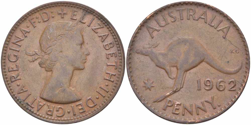 Австралия 1 пенни 1962 p, Елизавета II (1952-2022), кенгуру KM 56 бронза 109-524