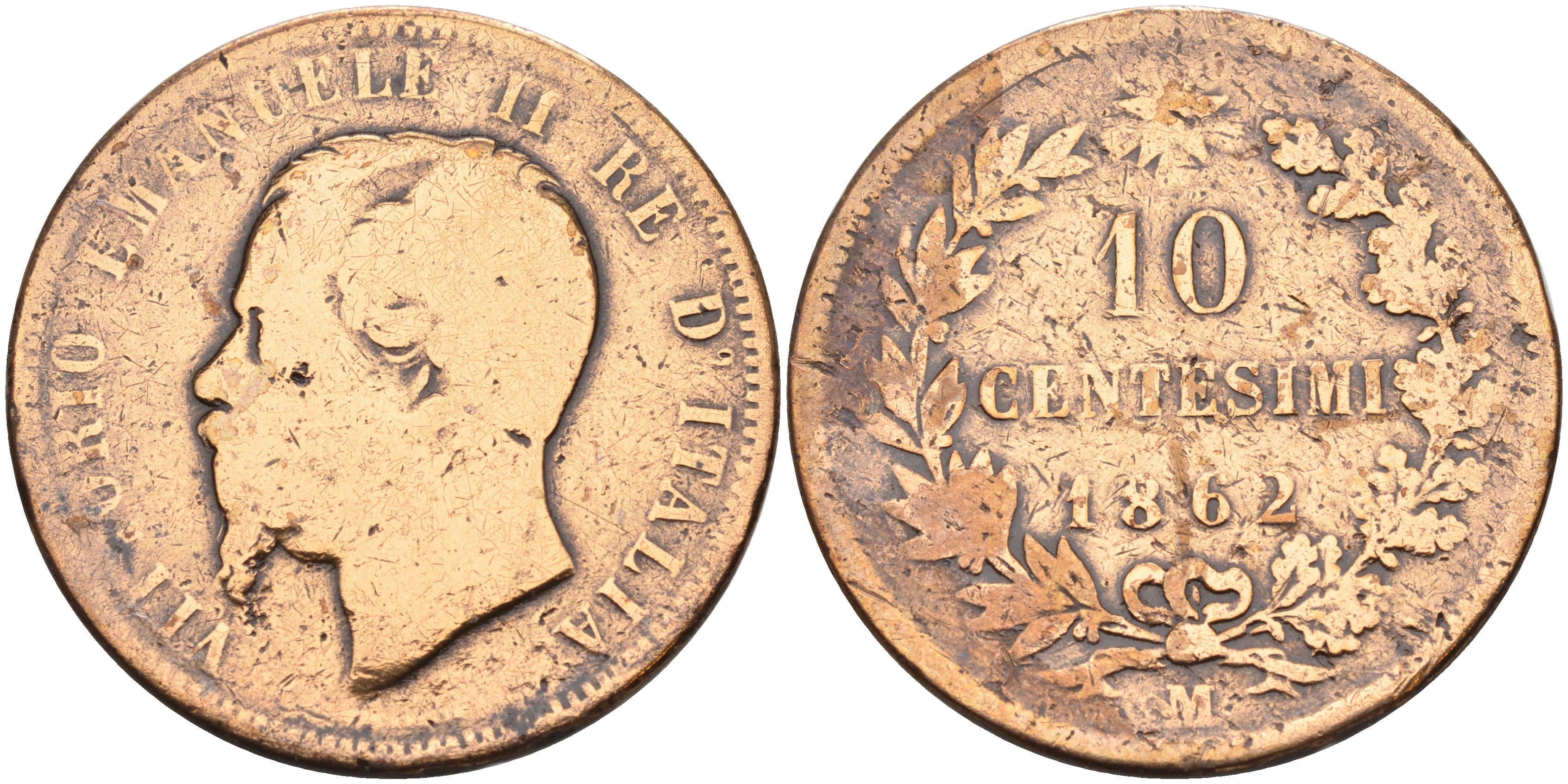 Италия 10 чентезимо 1862 М, Виктор Эммануил II (1861-1878) KM 11.1 медь    4140-1212