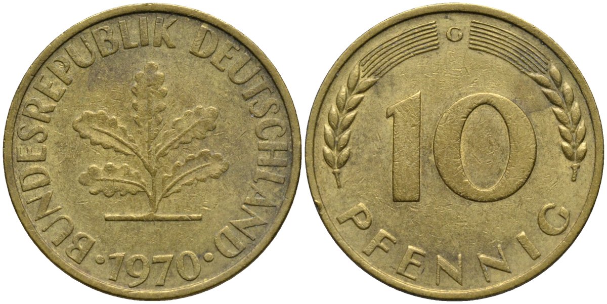 ФРГ 10 пфеннигов 1970 G KM 108 сталь плакированная латунью 4171-423