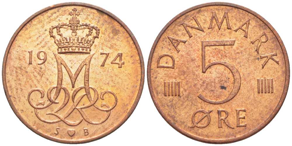 ДАНИЯ 5 ЭРЕ 1974 S; B, МАРГРЕТЕ II (1972-) KM 859,1 железо плакированное медью 201-1162