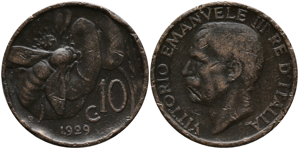 ИТАЛИЯ 10 ЧЕНТЕЗИМО 1929 R, ВИКТОР ИМАНУИЛ, ПЧЕЛА KM 60 медь 72-746