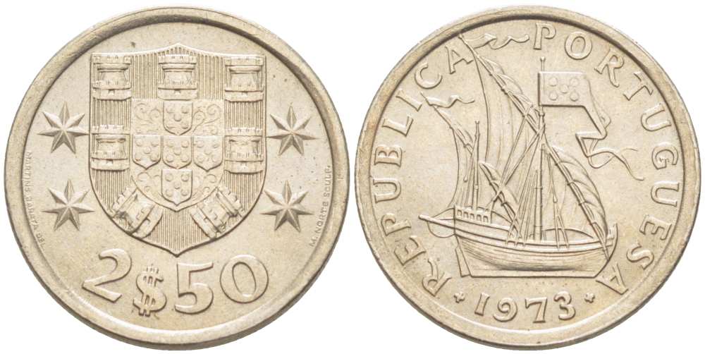 ПОРТУГАЛИЯ 2,5 ЭСКУДО 1973 ПАРУСНИК KM 590 медно-никель UNC 4513-1143
