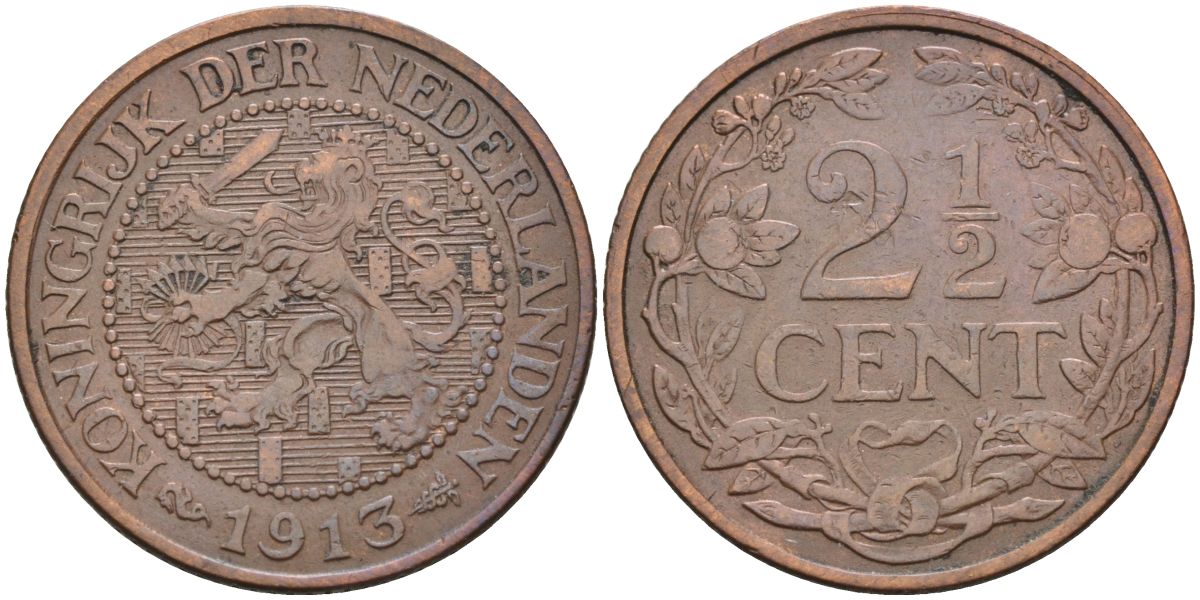 Нидерланды 2 1/2 цента 1913 Вильгельмина (1890-1948) KM 150 бронза 4116-316