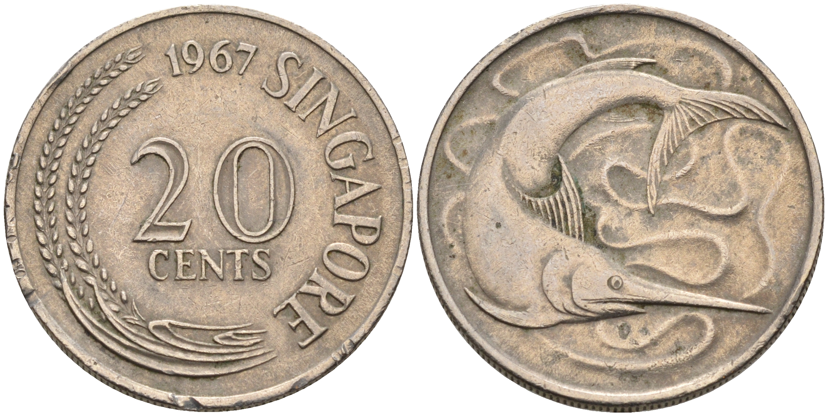 Сингапур 20 центов 1967 голубой марлин, тунец KM 4 медно-никель 4116-411