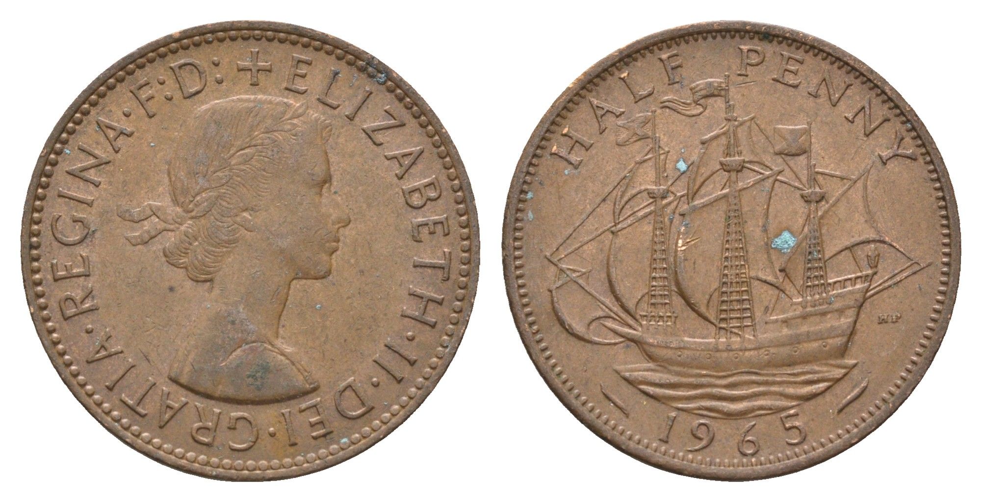 Великобритания 1/2 пенни 1965 Елизавета II (1952-2022) KM 896, Spink 4158 бронза 4662-1237