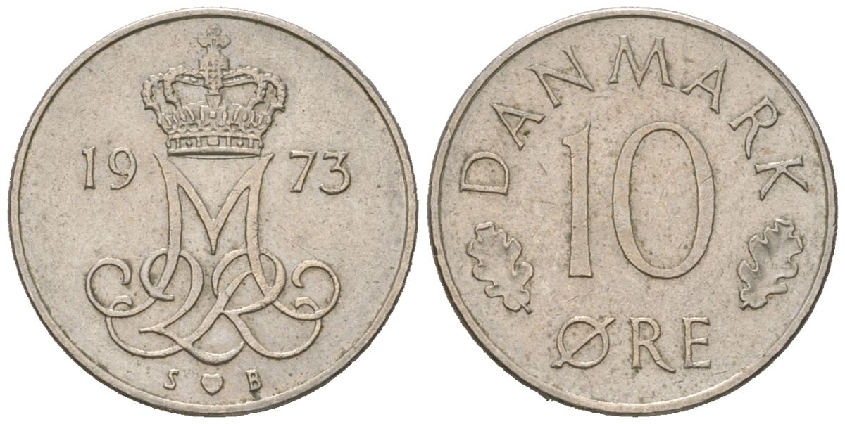 Дания 10 эре 1973 S; S, Маргрете II (1972-) KM 860 медно-никель aUNC 211-269