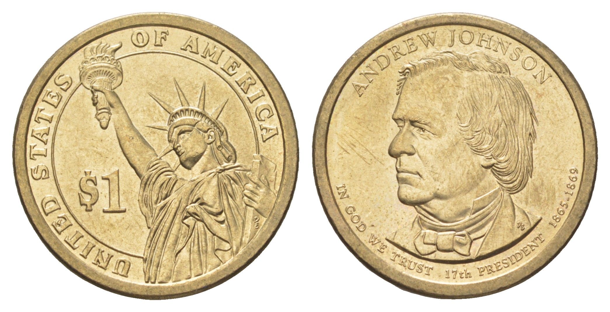 США 1 доллар 2011 P, Президент США - Эндрю Джонсон (1865-1869) KM 499 медь с марганцево-латунным покрытием UNC 4629-257