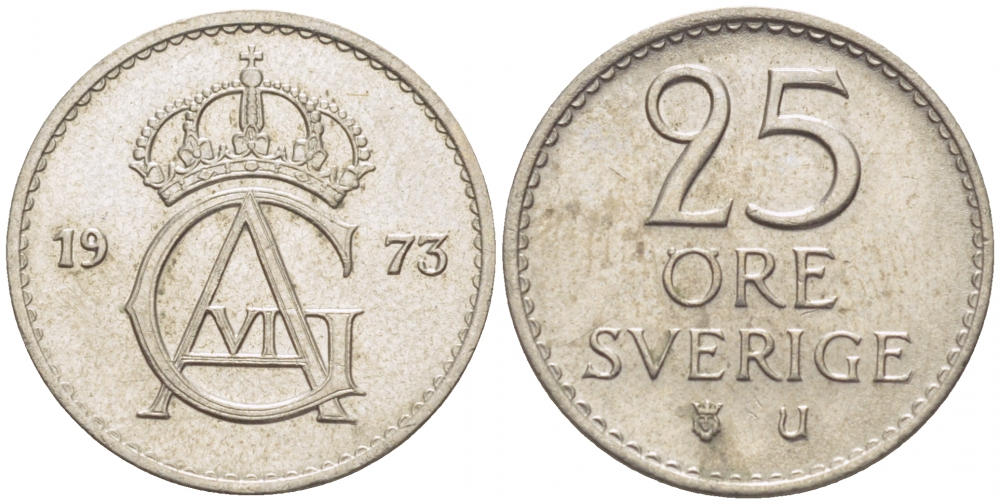 Швеция 25 эре 1973 U, Густав VI Адольф (1950-1973) KM 836 медно-никель 112-1153