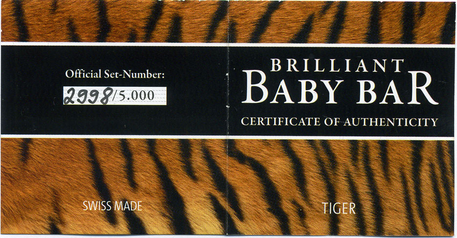 Ниуэ 5 долларов 2011 серия Brilliant baby bar, тигренок, вес 1 гр., тираж 5000 экземпляров, номер 2998, вставка бриллиант, в оригинальной упаковке с сертификатом KM 620 золото  PROOF  1-5-2-02