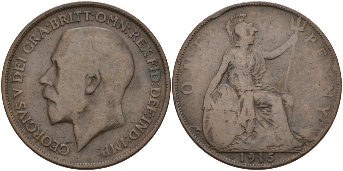 Великобритания 1 пенни 1915 Георг V (1910-1936) KM 810, Spink 4051 бронза 4149-715