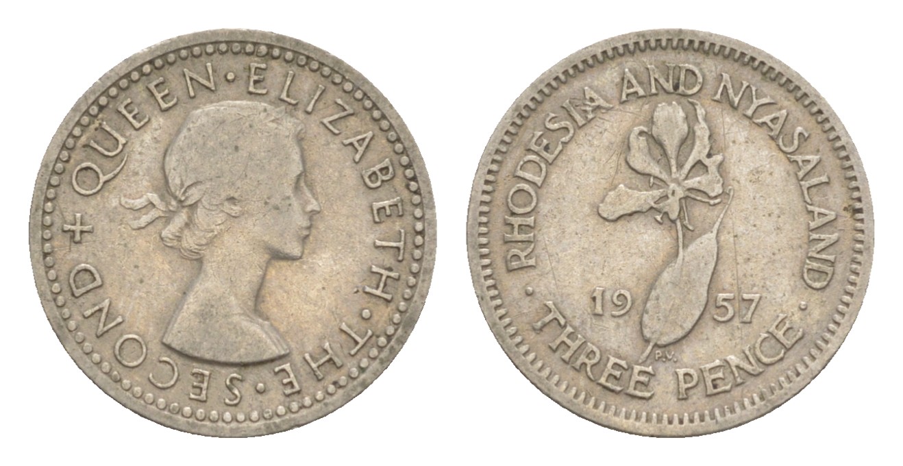 Родезия и Ньясаленд 3 пенса 1957 Елизавета II (1952-2022), цветок глориоза KM  3 медно-никель  4640-922
