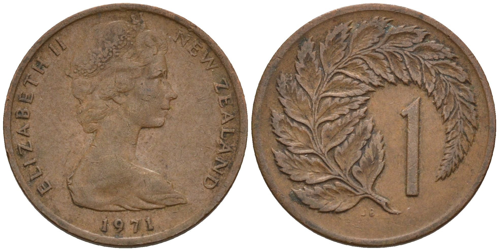 Новая Зеландия 1 цент 1971 Елизавета II (1952-2022), лист папоротника KM 31.1 бронза 4602-631