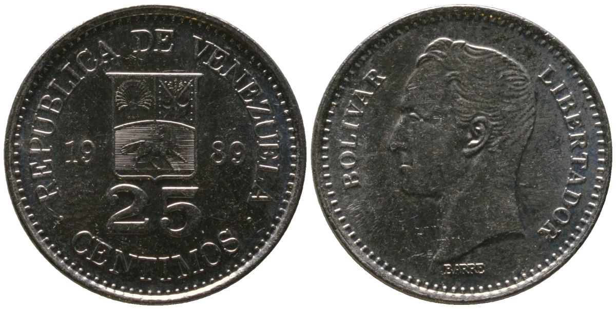 Венесуэла 25 сентимо 1989 KM 50a сталь плакированная никелем 4576-915