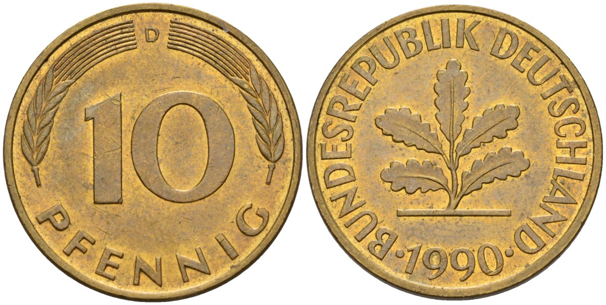 ФРГ 10 пфеннигов 1990 D KM 108, J. 383 сталь плакированная латунью 4163-1125