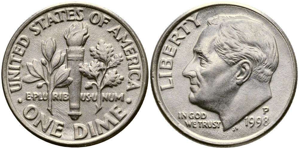 США 10 ЦЕНТОВ = 1 ДАЙМ 1998 P, РУЗВЕЛЬТ KM 195а медь плакированная медно-никелем 46-1042