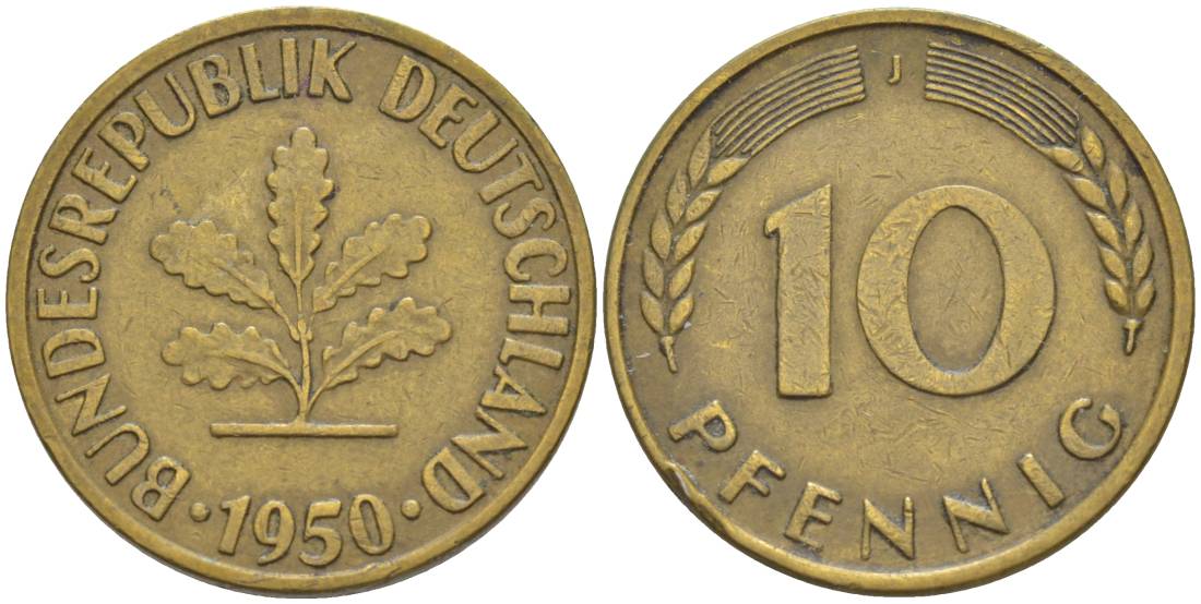 ФРГ 10 ПФЕННИГОВ 1950 J KM 108, J. 383 сталь плакированная латунью 219-424
