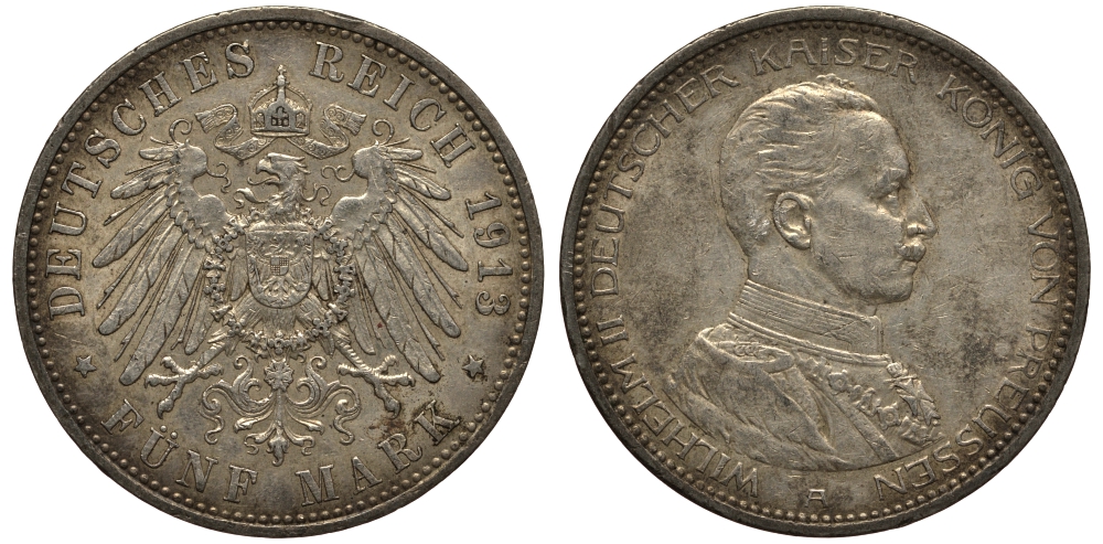 Пруссия 5 марок 1913 Вильгельм II в мундире KM 536, J.114 серебро 3711-425