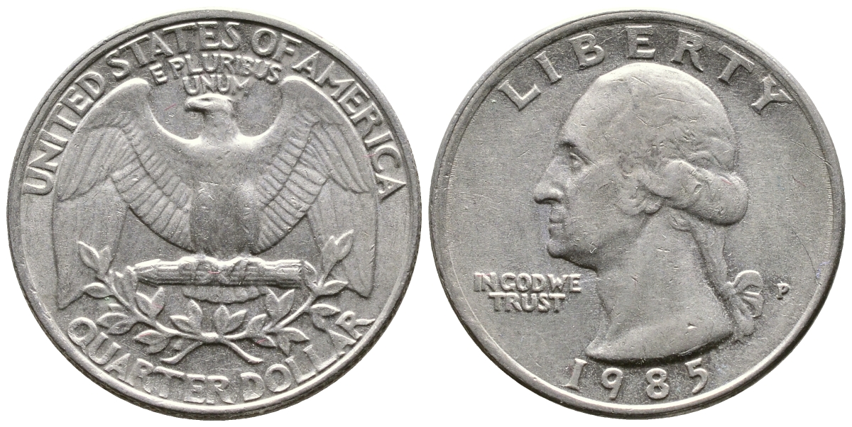 США 25 ЦЕНТОВ = КВОТЕР 1985 P, ВАШИНГТОН KM А164а медь плакированная медно-никелем 23-131
