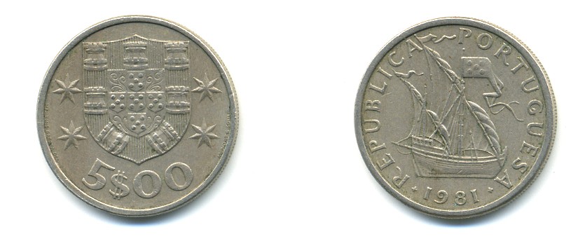 ПОРТУГАЛИЯ 5 ЭСКУДО 1981 ПАРУСНИК KM 591 медно-никель 176-316